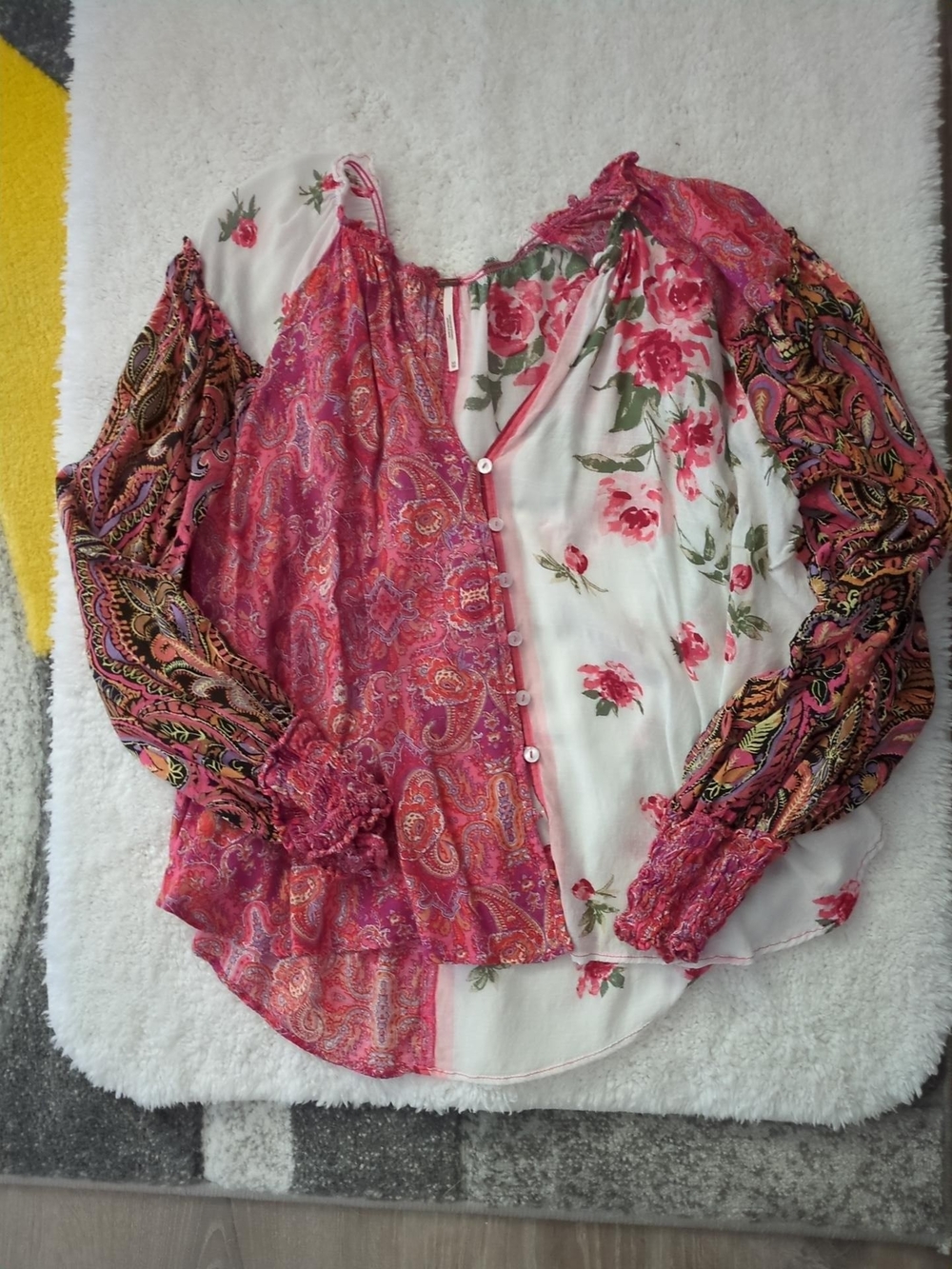Free People Pink Mixed-Print Button-Up Blouse